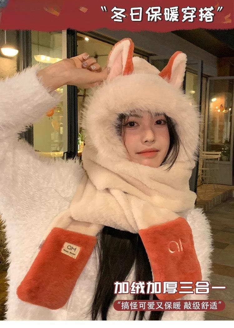 FOXTAIL 毛茸茸火狐狸一体帽 帽子 围巾 手套 冬季 保暖 防风 围脖 连帽 1个