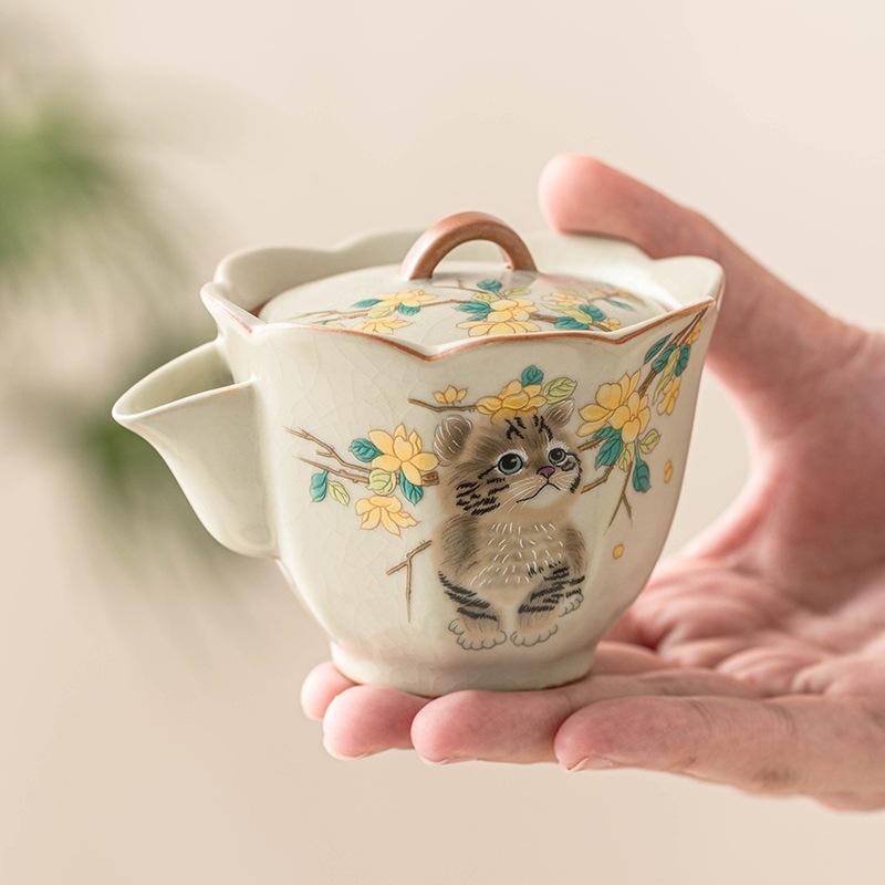 【中國直郵】 FOXTAIL 手繪黃花萌貓汝窯 茶壺 茶杯 中式 功夫茶具 家用 手抓壺-花瓣杯禮盒裝 1個*|預計到達時間3-4週