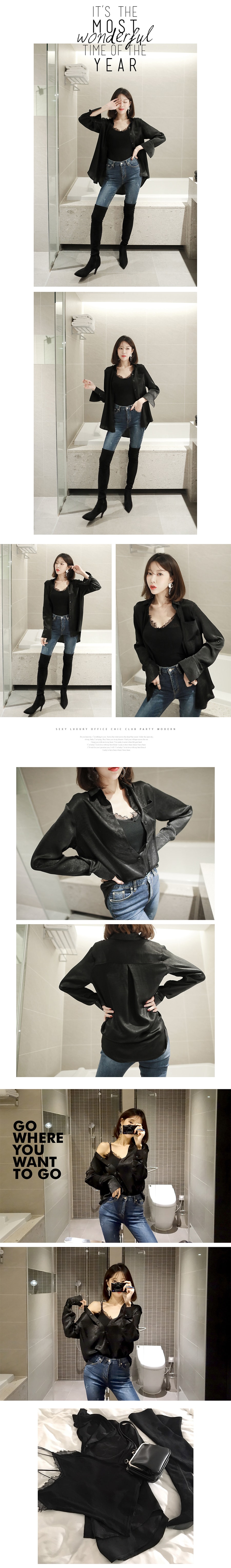 KOREA Shining Button Blouse Shirts Black One Size(Free) [Free Shipping]
