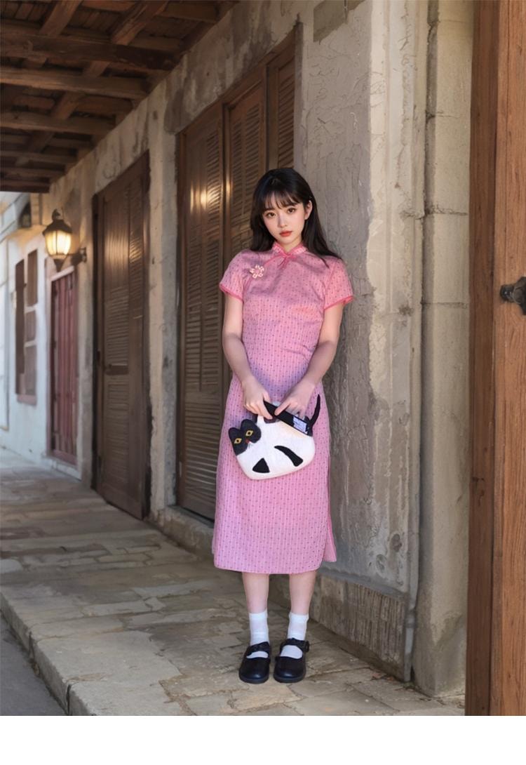 【中國直郵】 水月秦淮 甜美少女粉色新中式旗袍裙日常國風收腰顯瘦連身裙粉色L碼