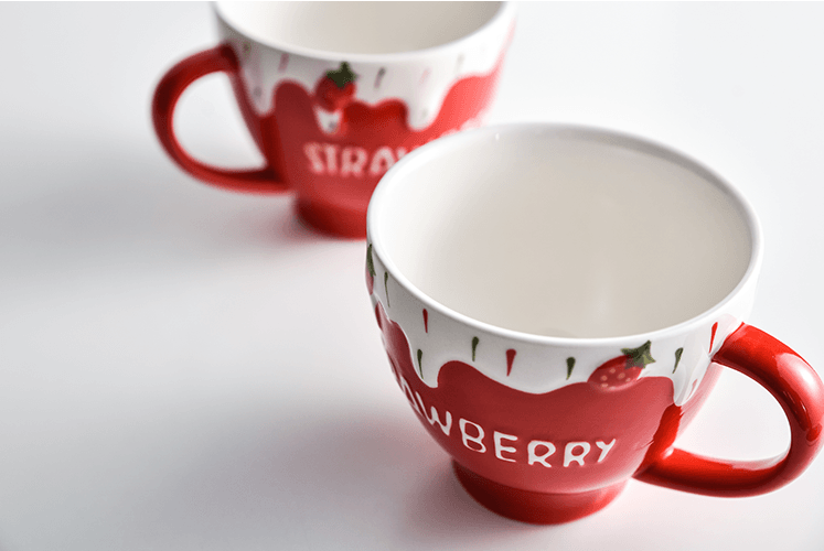 【中国直邮】简微娜 2019可爱草莓陶瓷马克杯家用水杯 红色#1件