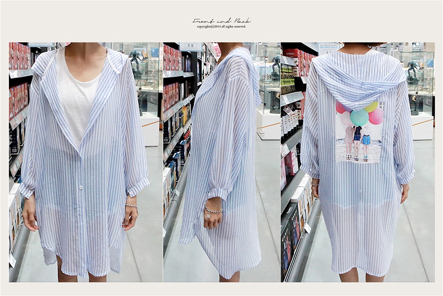 [KOREA] Back Print Button-Front Hooded Long Shirts #Blue One Size(S-M) [Free Shipping]