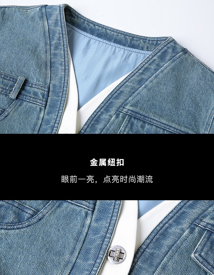 【中国直邮】OZLN 早秋新品小众高级感短款设计弧形拼接门襟牛仔外套 S
