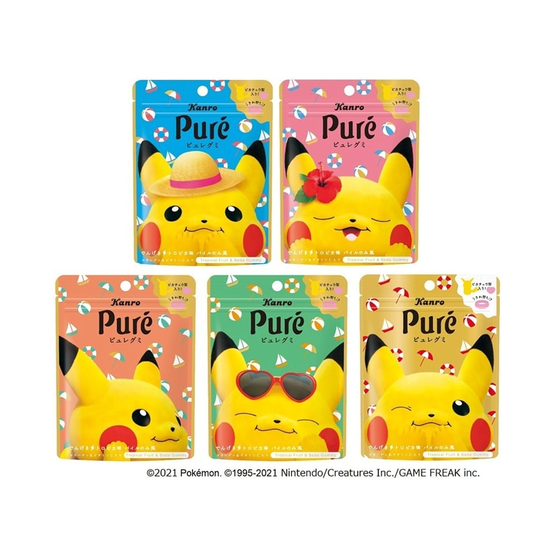 【日本直郵】日本KANRO PURE 期限限定 皮卡丘果汁彈性軟糖 夏季水果口味 63g 5款包裝隨機