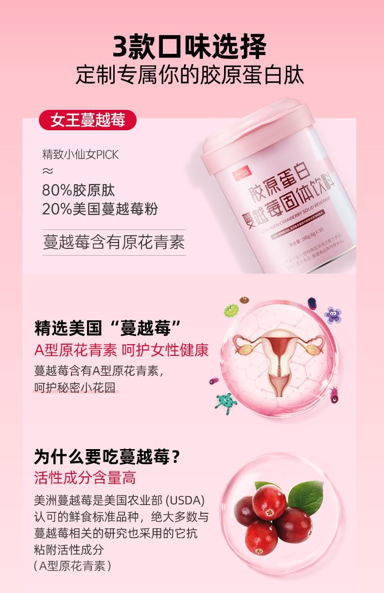 【中國直郵】 姿美堂 膠原蛋白蔓越莓固體飲料 液態飲小分子口服液精華飲 挑戰嘭彈立體肌 180g/罐