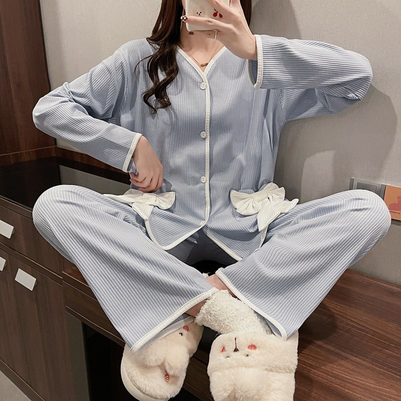 中國直郵 奢笛熊 新款長袖睡衣棉質學生甜美公主宮廷小香風家居服套裝 藍色XL