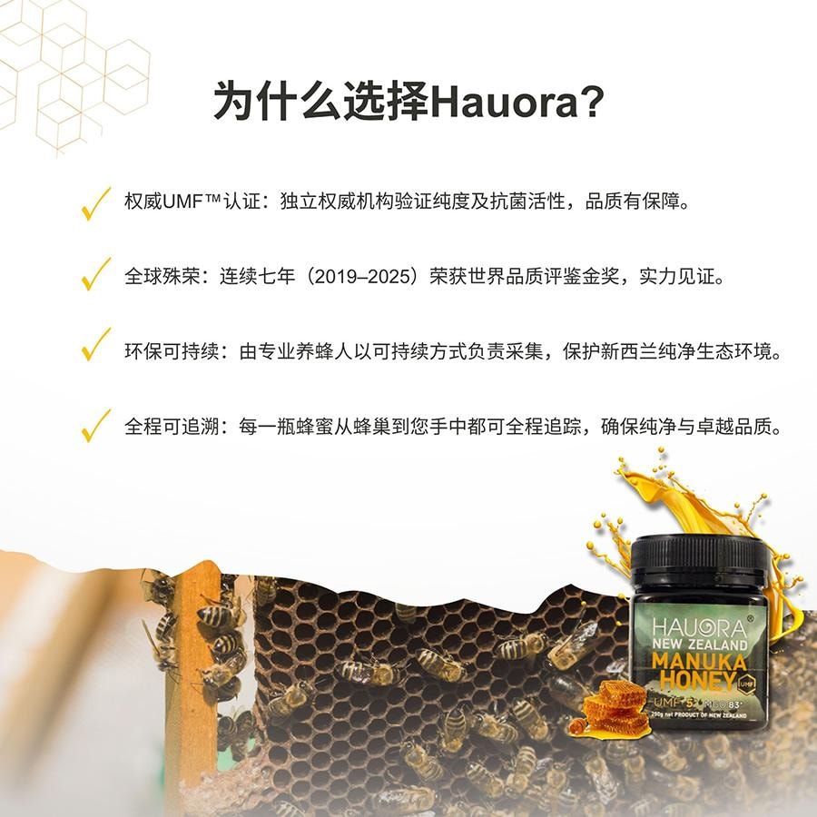 新西兰 HAUORA 麦卢卡蜂蜜 UMF™ 5+(MGO 83+)– 原生纯正未加热蜂蜜非转基因Monde Selection 金奖得主 – 250g