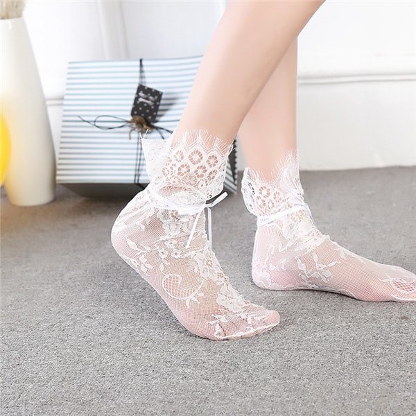 Girls Women Vintage Lace Socks Flower Hollow Mesh Socks Black & White Set 2 Pairs