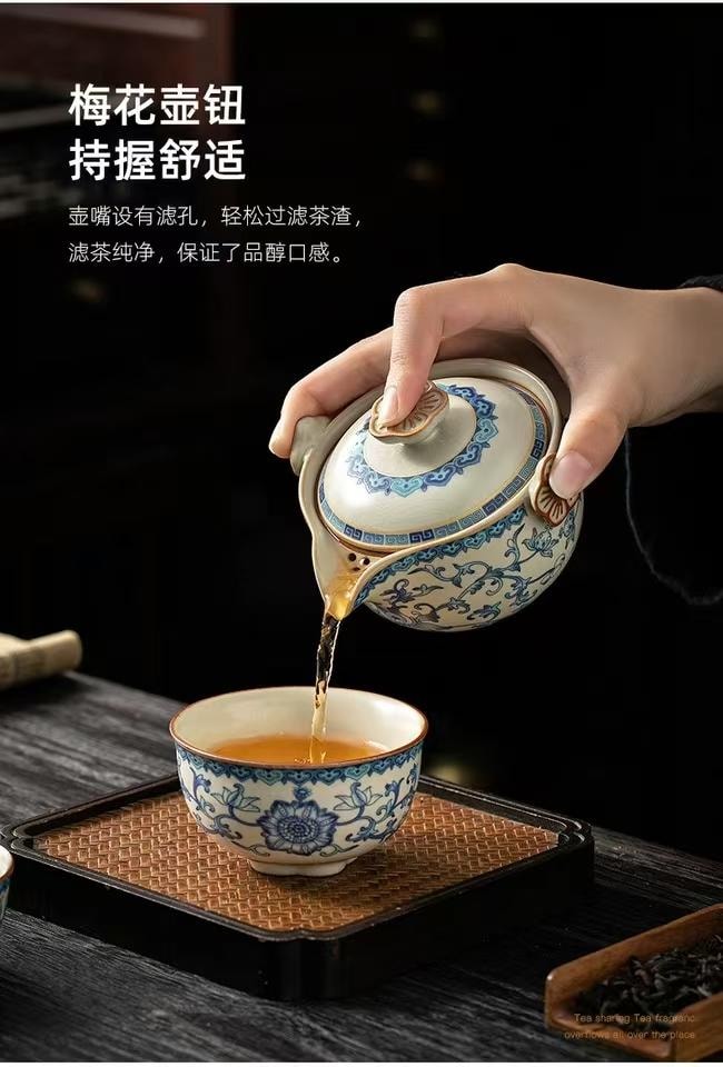 海藍星 汝窯茶壺一壺三杯 釉色之美 溫潤古樸 鷹嘴設計 自帶濾孔 1件