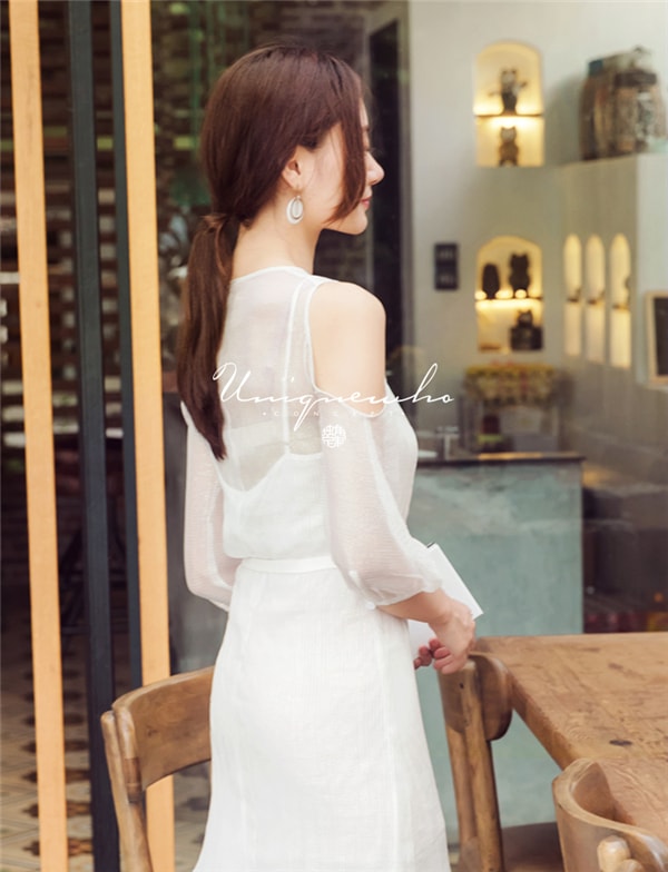 Ladies Women Simple Elegant White Mid-Calf Silk Dress with Sling Dress Two-piece Set XS