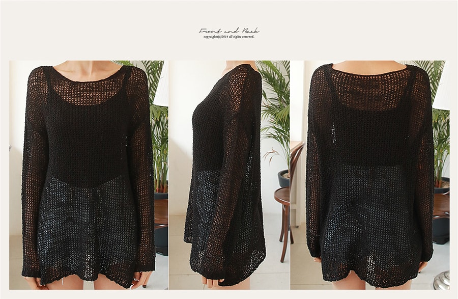 WINGS Loose Sheer Crochet Knit Top #Black One Size(Free)