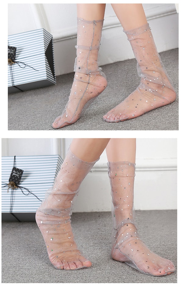 Ultra-thin Transparent Crystal Glass Silk Socks Star Moon Sequin Mesh Socks Pink 1 Pair