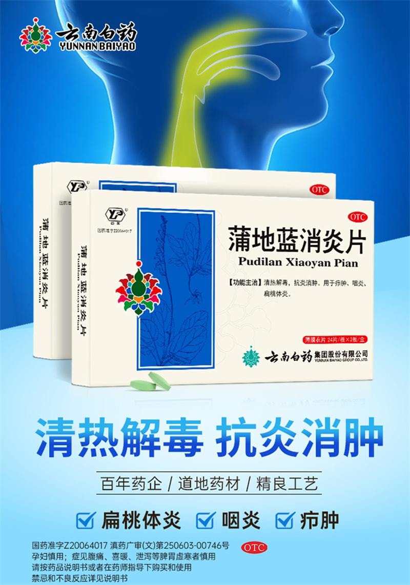 【中国直邮】 云南白药 蒲地蓝消炎片 清热解毒 消炎消肿 咽炎 扁桃体炎 0.3g*48片/盒