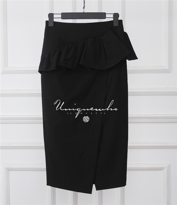 Ladies Women Black Ruffles Mid-Calf Split Pencil Skirt L