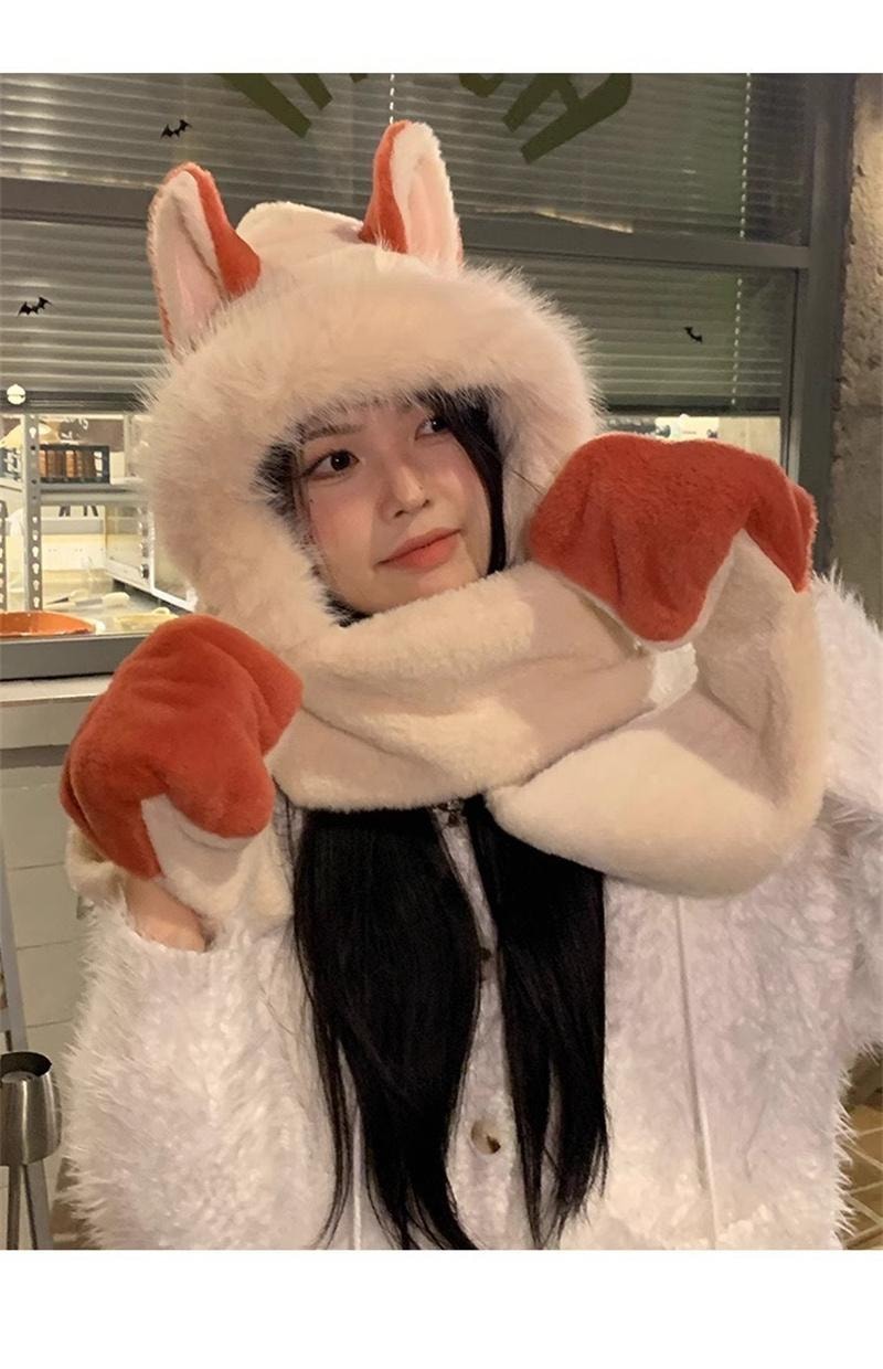 FOXTAIL 毛茸茸火狐狸一体帽 帽子 围巾 手套 冬季 保暖 防风 围脖 连帽 1个