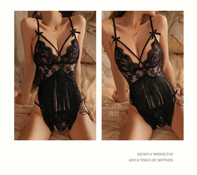 【中國直郵】 瑰若 情趣內衣 蕾絲深V流蘇裙擺睡裙 酒紅色M碼