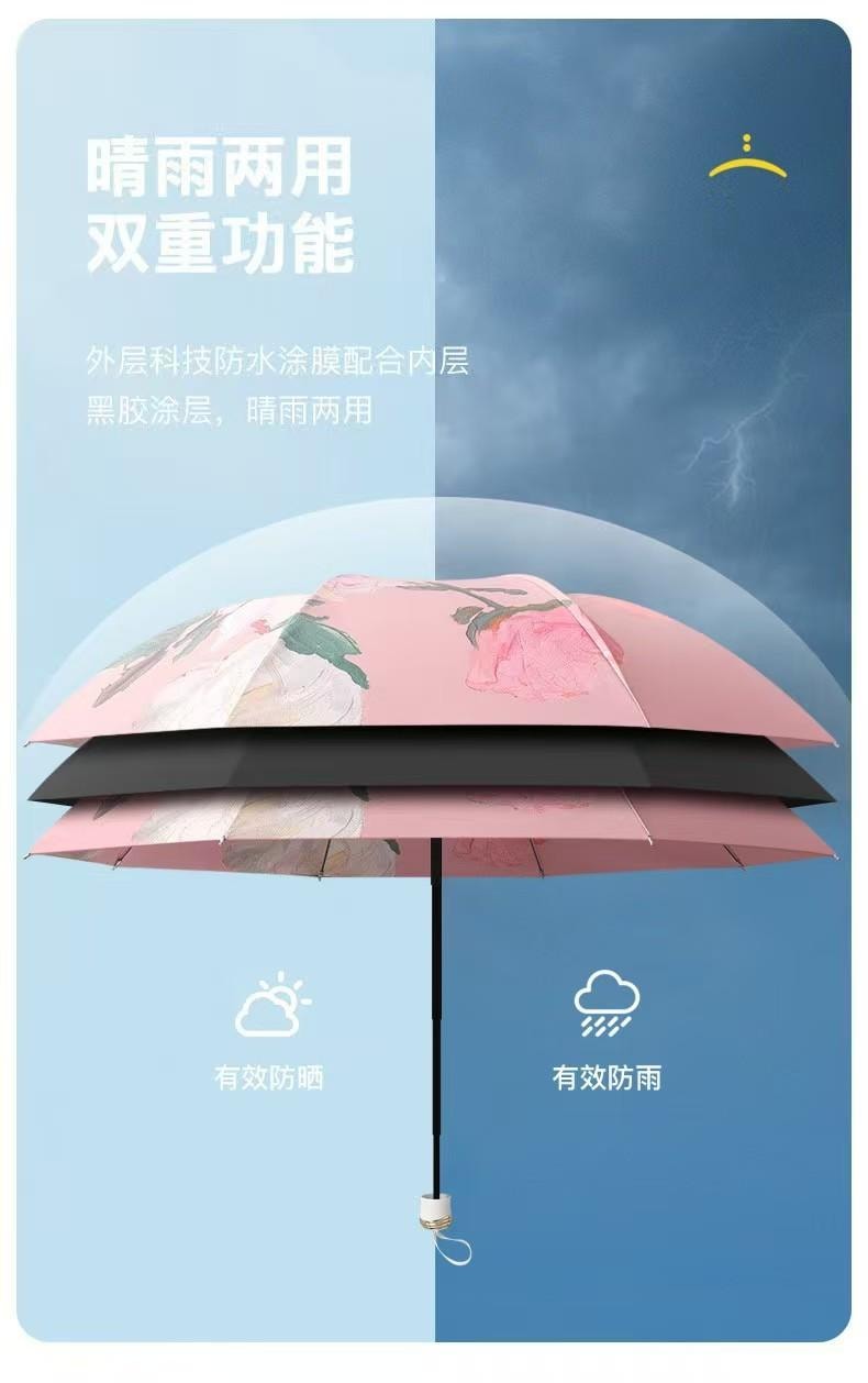 海蓝星 晴雨两用 SPF 50 三折双层太阳伞 五折轻巧 黑漆钢骨  优质印花 防晒防紫外线 白玫瑰 一件