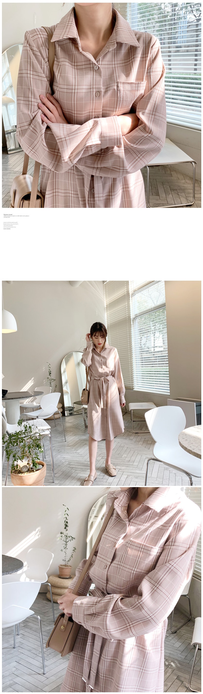 【韩国直邮】MIMIDIDI 格纹图案衬衫连衣裙 粉色 均码