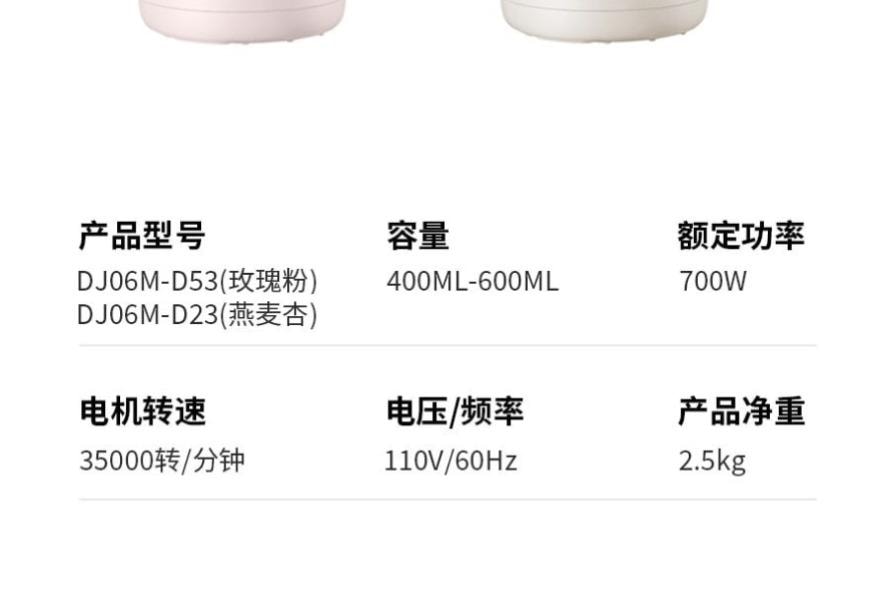 【美国本土发货】九阳 破壁免滤多功能豆浆机破壁机搅拌机 DJ06M-D23 600ml 110V 白色