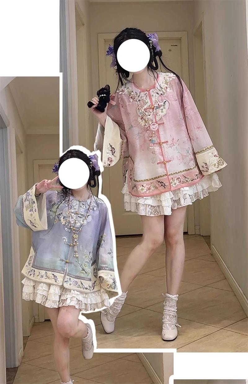 【中国直邮】 FOXTAIL 重工刺绣新中式国风汉服 清汉 女印花 渐变 套装 复古  -蓝色 M码 1套