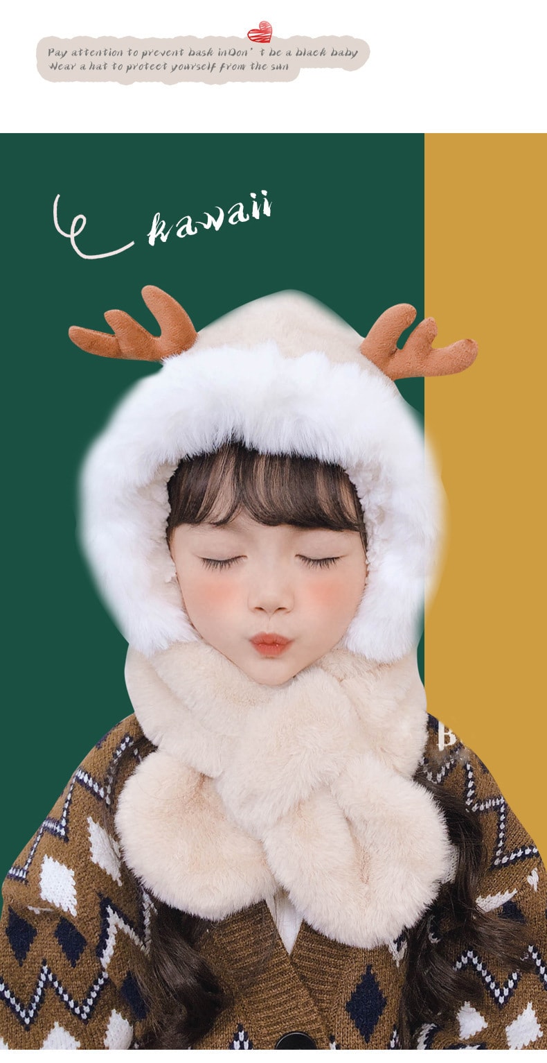 【中國直郵】兒童帽子圍巾一體冬季加厚保暖毛絨鹿角護耳防風男女童帽 卡其