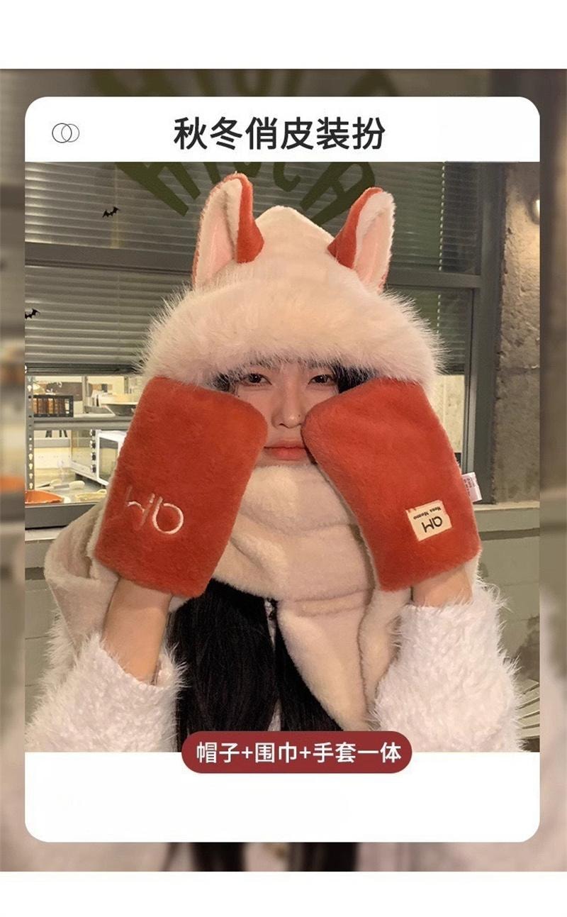 FOXTAIL 毛茸茸火狐狸一体帽 帽子 围巾 手套 冬季 保暖 防风 围脖 连帽 1个