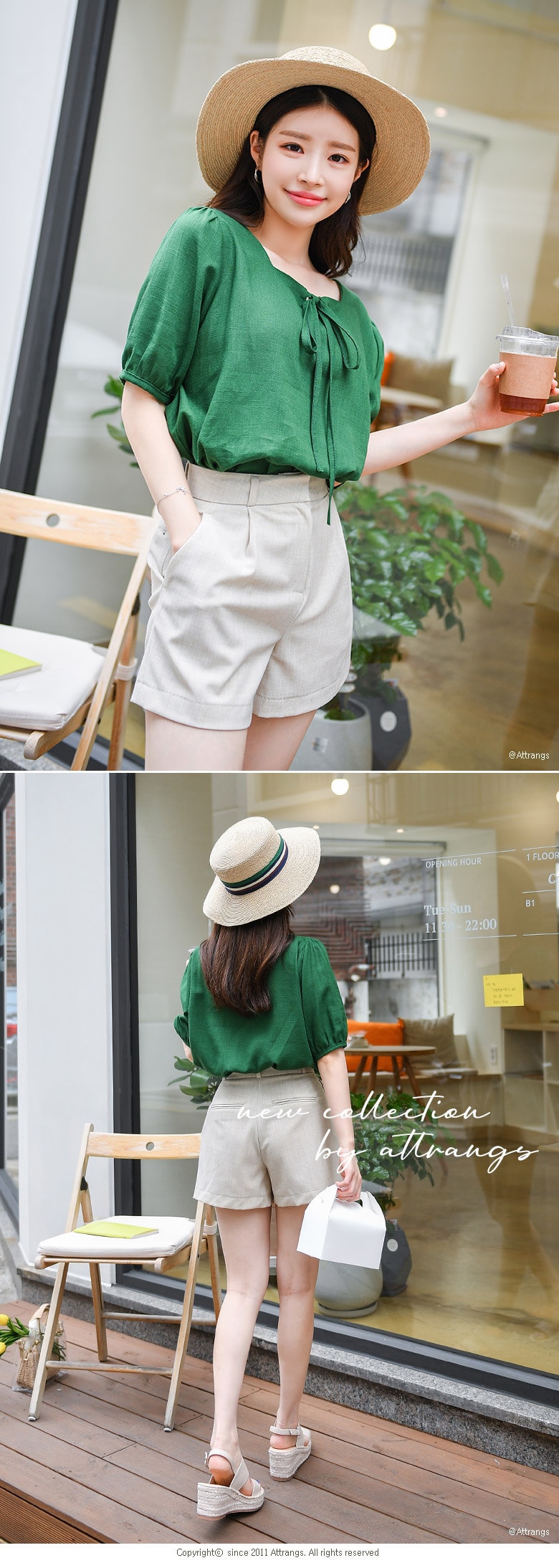 【韩国直邮】ATTRANGS 夏日小清新方领系带五分袖衬衫 绿色 均码