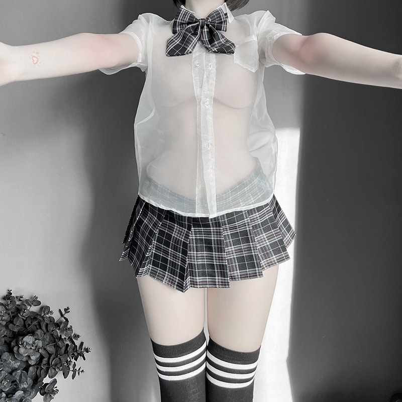 【PinklemonLA】 女高學妹情感純欲超短百褶裙透視水手服學生服 情趣內衣 - 黑格子