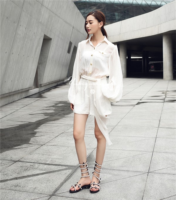 Women's White Lantern Sleeve Silk Rompers Jumpsuits Shorts with Belt M