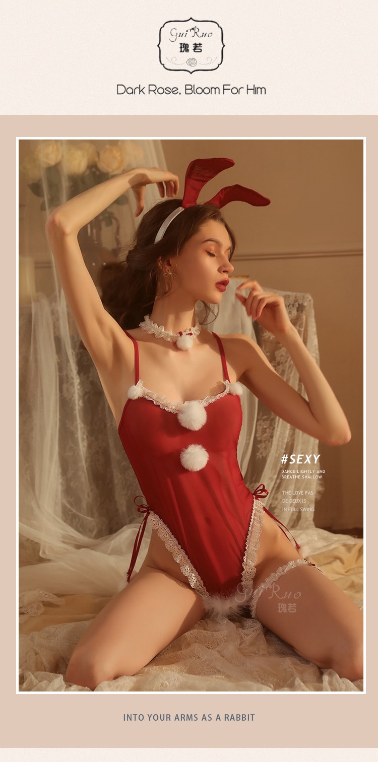 【中國直郵】瑰若 網紗 毛絨兔女郎連身衣制服套裝 情趣內衣 棗紅色 均碼