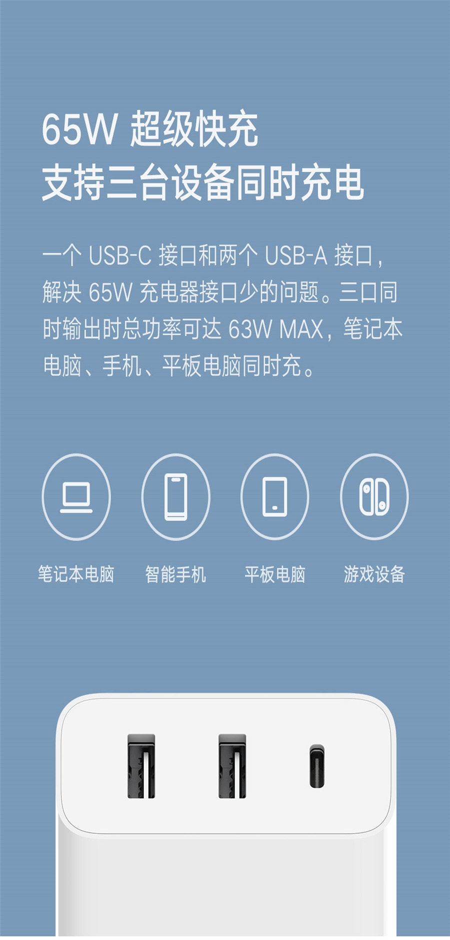已淘汰[中國直郵]小米 MI USB手機充電頭/電源轉接器65W 快充版(2A1C) AD653 三口輸出 可折疊插腳 附線 1個裝