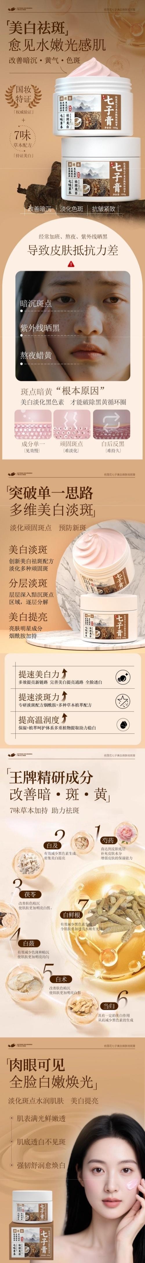 【中国直邮】 花翎精选 七子白美白祛斑霜 官方正品草本配方 去黄淡斑 改善黄褐斑雀斑老年斑 提亮肤色 100g