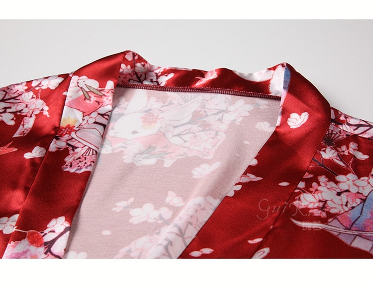 【中国直邮】瑰若 情趣内衣 日系印花和服睡袍 收腰开衫套装 红色均码