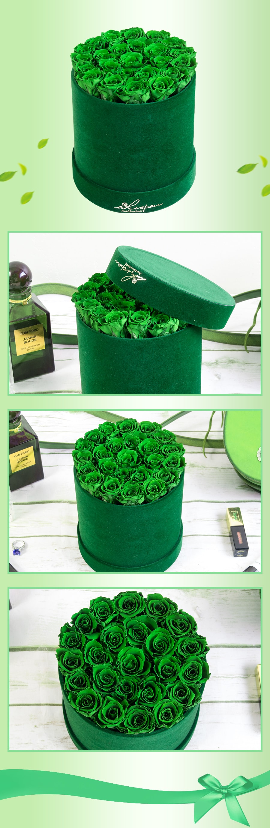 whisper bouquet preserved roses Emerald round box (emerald roses)