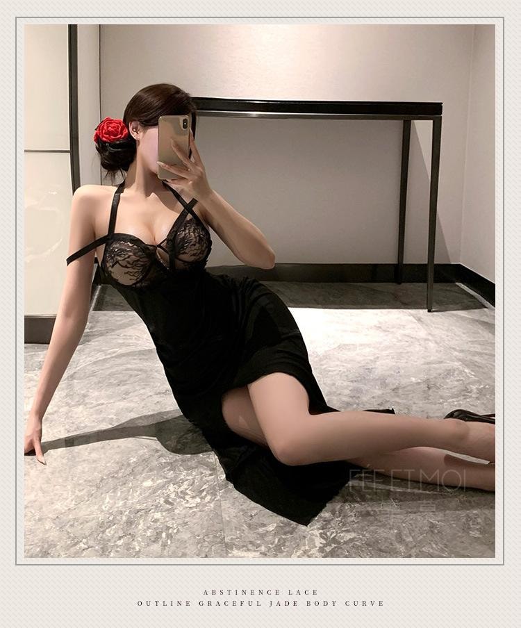 【中国直邮】 霏慕 轻熟御姐风露沟挂脖吊带长裙情趣内衣性感纯欲可外穿睡裙