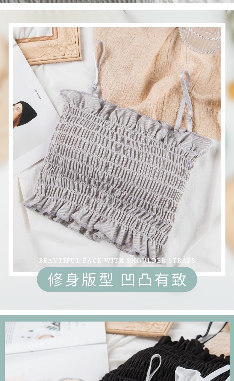 【中國直郵】爪哇島 夏季新款網紅美背抹胸百褶背心 帶胸墊外穿內搭吊帶(長款黑色)均碼80-130斤