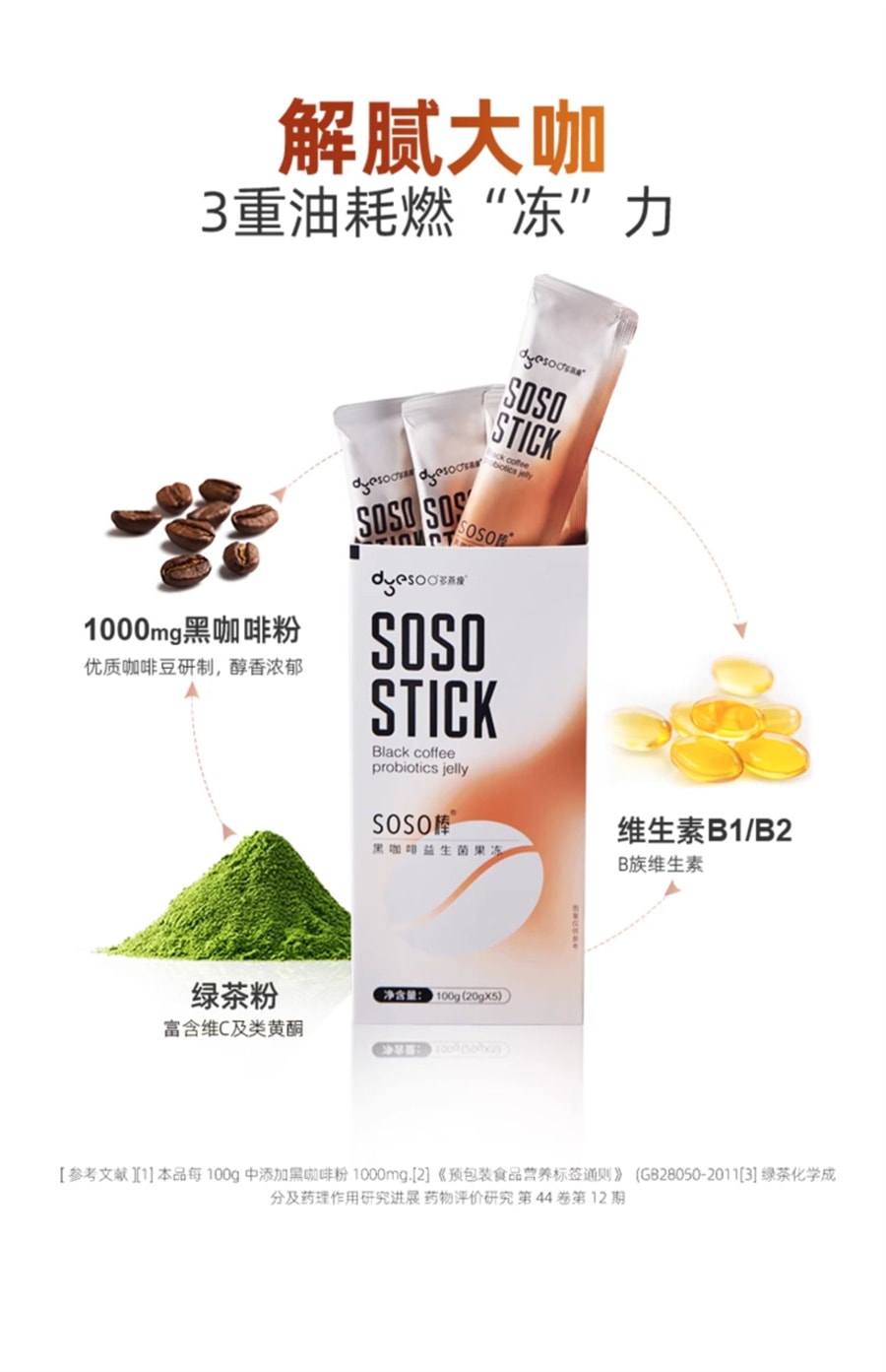 【中國直郵】多燕瘦 soso棒黑咖啡益生菌腸胃益生女性成人酵素果凍活性菌5條裝 100g/盒