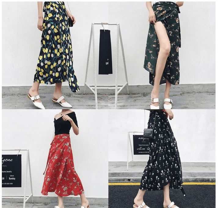 STUDIOV Flower Style Long Skirt - Black and Chrysanthemum