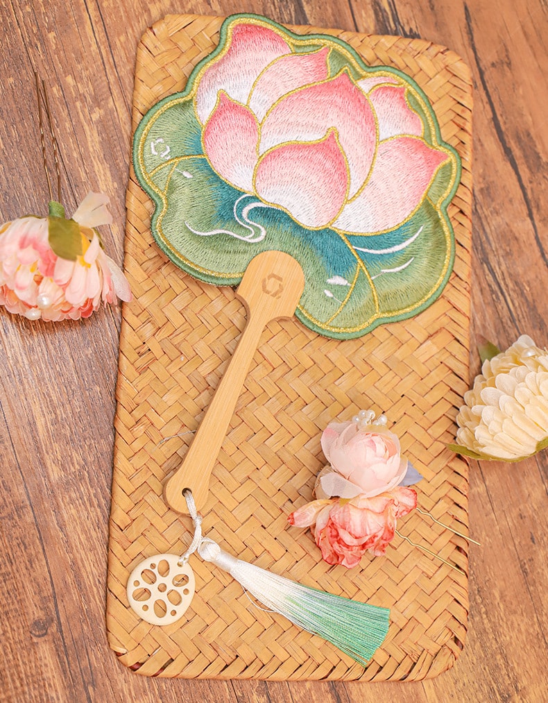 Hand-Shaped Embroidery Fan Decorative Portable Cultural Fan -Lotus Style 1 Piece
