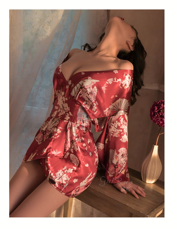 【中國直郵】瑰若 情趣內衣 日系印花與服睡袍 收腰開襟衫套裝 紅色均碼