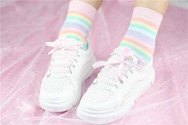 Korean Rainbow Striped Socks School Girls Women Pure Cotton Short Socks Ins Hipster Art Socks 2 Pairs / Set