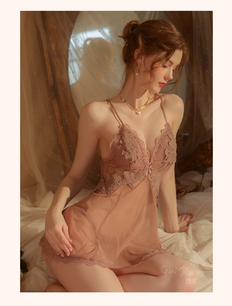 【中国直邮】 瑰若 性感露背吊带睡裙 刺绣睡衣家居服 白色M码