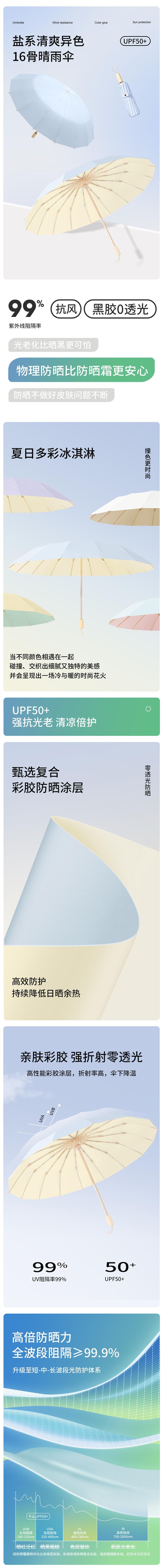 【中國直郵】 HSPM 新款16骨彩膠晴雨兩用防曬遮陽傘 起司薄荷 F