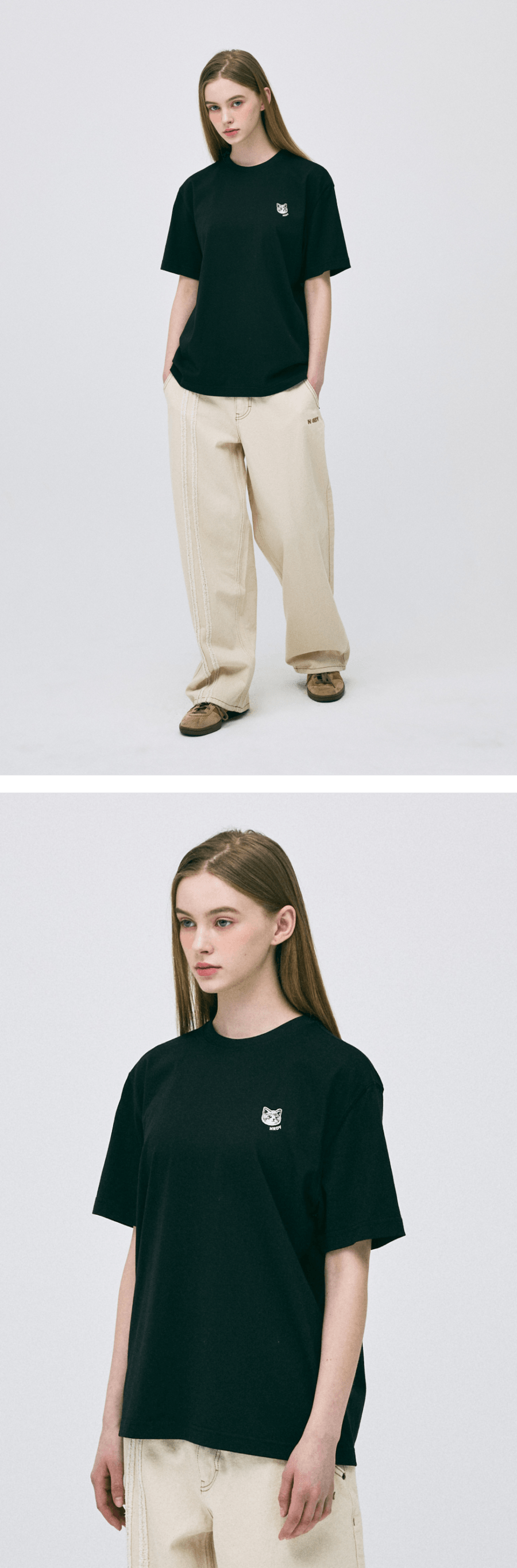 【韓國直郵】 韓國 NERDY 刺繡狐狸小貓短袖T卹 黑色 L