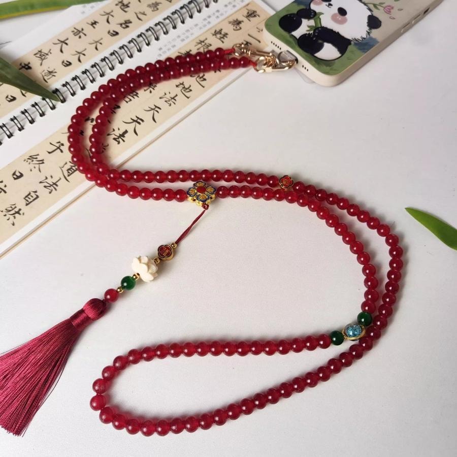 【平安好运】新中式风莲花手机链 红色斜挎挂绳 防丢便携百搭背包配饰 120cm