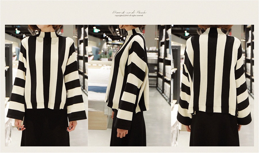 [KOREA] Striped Bell-Sleeve Sweater #Cream&Black One Size(Free) [Free Shipping]