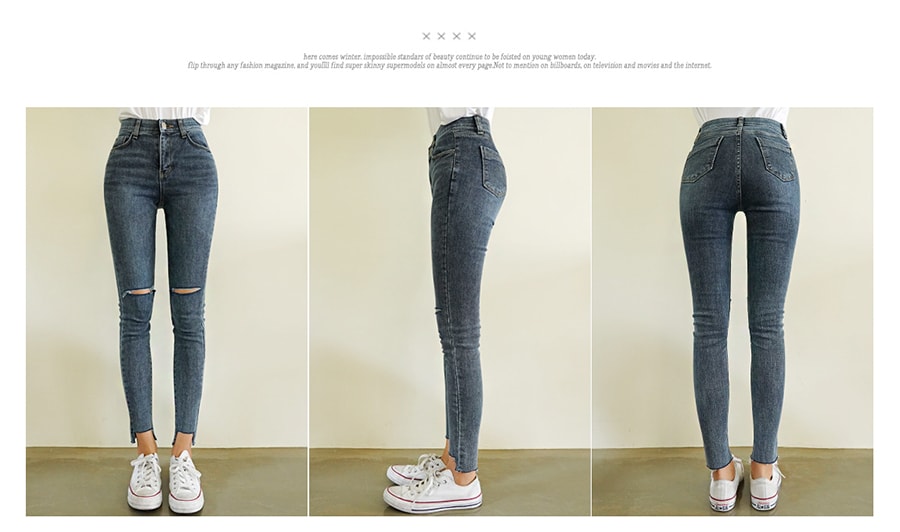 High Rise Ripped Ankle Skinny Jeans #Blue L(29-30)