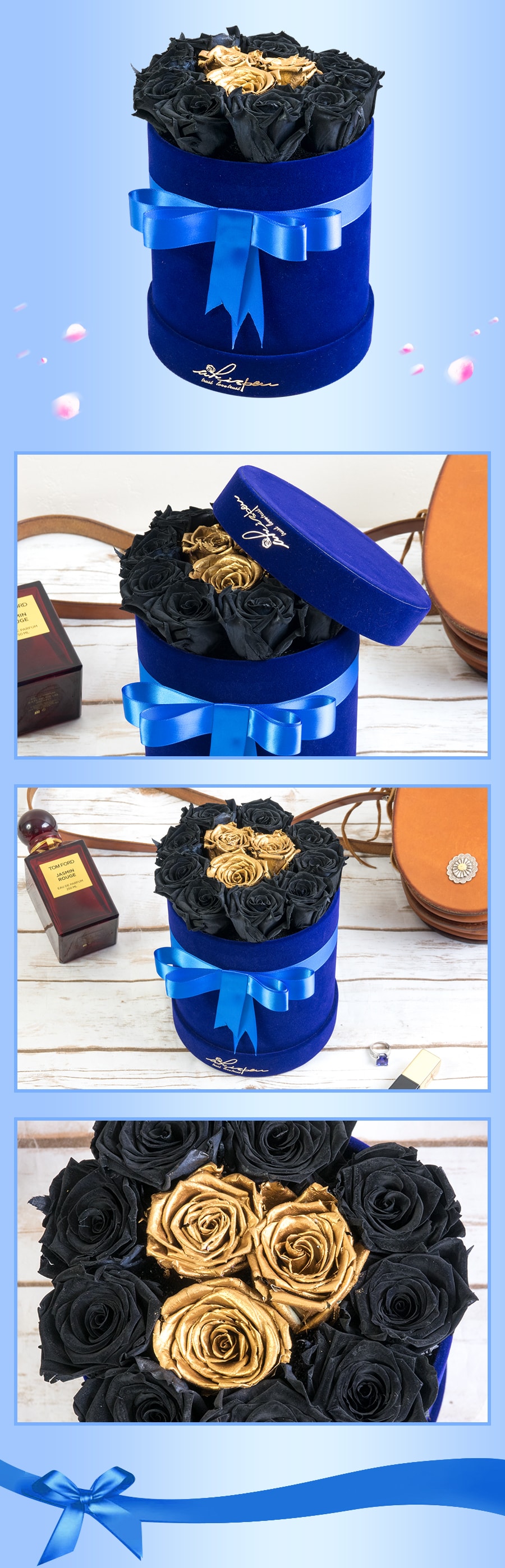 whisper bouquet preserved roses blue sapphire round box (blue sapphire roses&24 K Gold roses)