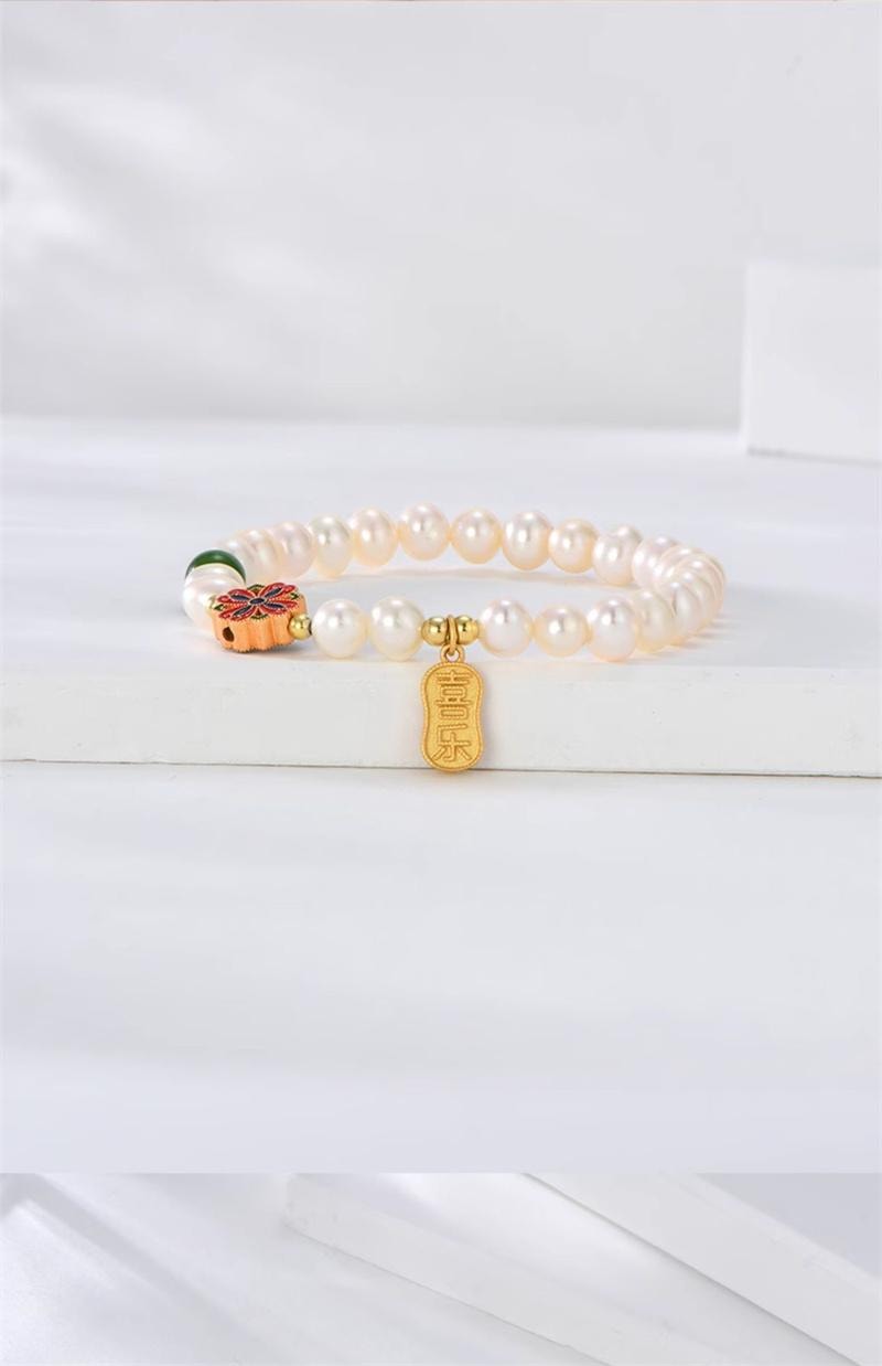 【中国直邮】 周大生 珍珠手链纯银女款安康福牌银串珠转运珠高级 1个装