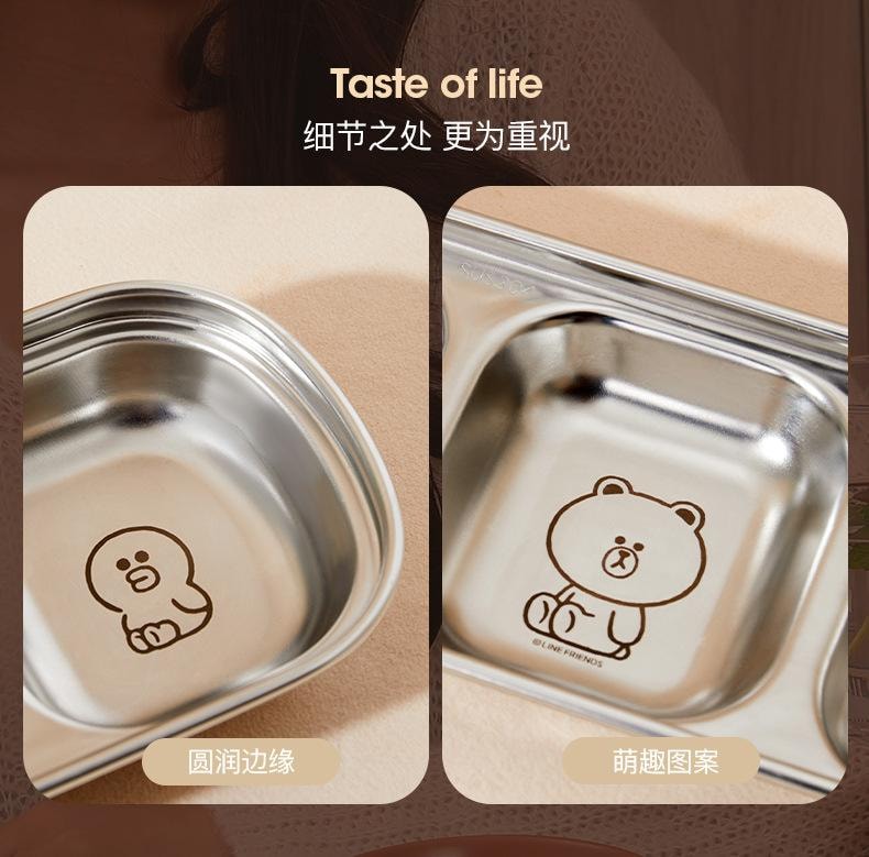 【中国直邮】 日本 LINE FRIENDS 304不锈钢蘸料碟韩式烤肉多格调味碟酱油醋小菜蘸料碟火锅调料碟   三格